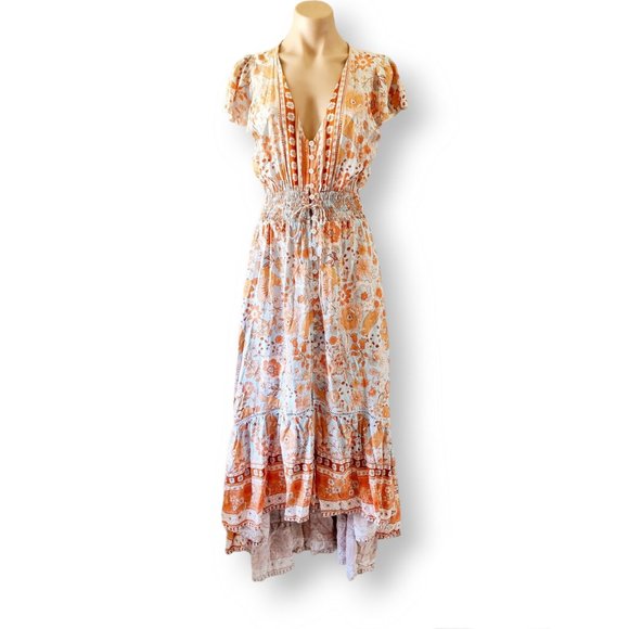 Honey Bunch Dresses & Skirts - Honey Bunch blue orange + tan floral print high-low boho maxi dress fits AU 8-14